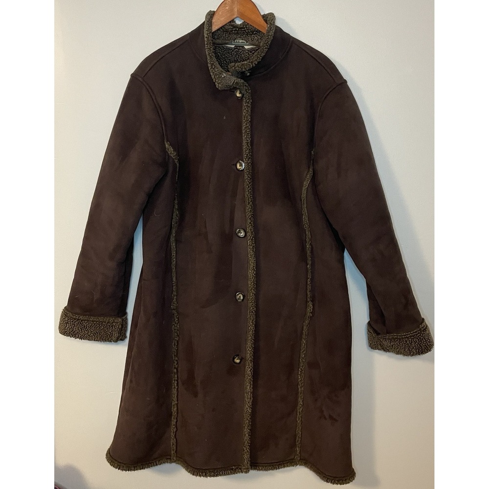 LL Bean Faux Suede Coat Faux‎ Sherpa Shearling Jacket Woman L Chocolate Brown